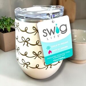 Swig Life 12oz Stemless Cup Pretty in Pearl Gold Bows Insulated Stainless Steel
